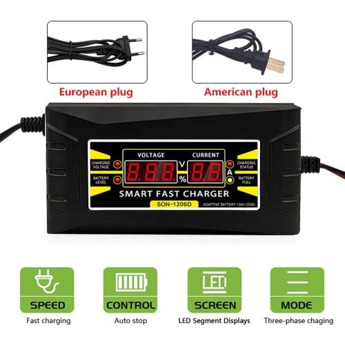 LEEPEE 12V Smart Motorcycle Car Battery Charger Quick Fast Charging Tools US EU Plug Digital LED Display Auto Stop Portection