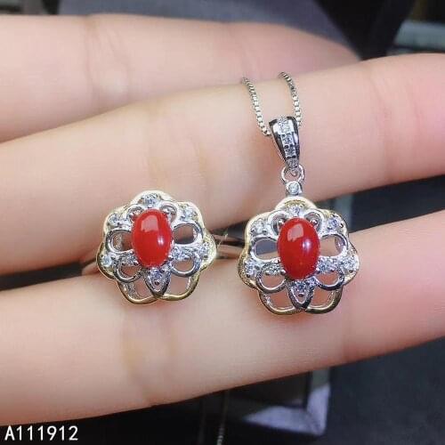 KJJEAXCMY fine jewelry natural red coral 925 sterling silver women pendant necklace chain ring set support test fashion