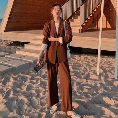 Women Two Piece Suit Sets Fashion Korean Casual Loose Blzer Suits Jacket Coat High Waist Wide Leg Straight Pants 2 Piece Outfits