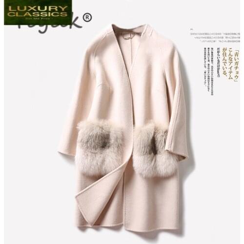 Coat Elegant 100% Wool Female Autumn Abrigos Mujer Invierno 2021 Vintage Real Fox Fur Blend Woolen Womens Jacket BG6160