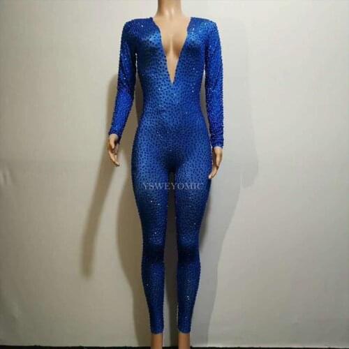 2019 Popular Blue Rhinestones Bodysuit Women Party Prom Sexy Jumpsuit Costume Stage Wear dance Nightclub Singer Leggings Outfit