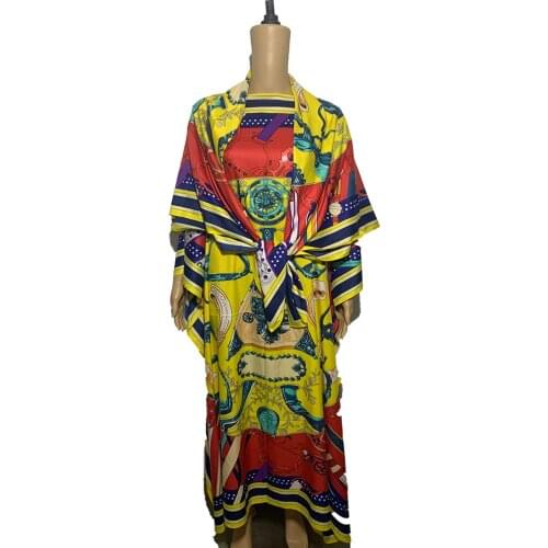 2020 Oversize silk Long Dress Beach Wear Kaftan maxi dresses Dashiki African Womens Abaya Robe kaftan Match scarf