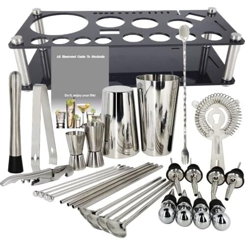 30Pcs/Set Cocktail Shakers Boston Double Shaker Bar Tools Wine Bottle Spoon Jigger Pourer Muddler Stopper With Black Stand