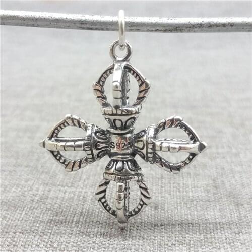 925 Sterling Silver Double Dorje Pendant Buddshim Buddhist for Necklace