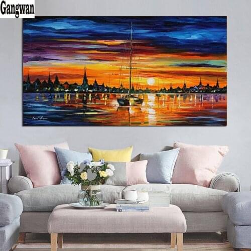 Diy diamond painting abstract color boat ship sunset pattern home decor full drill mosaic diamond embroidery rhinestones needle