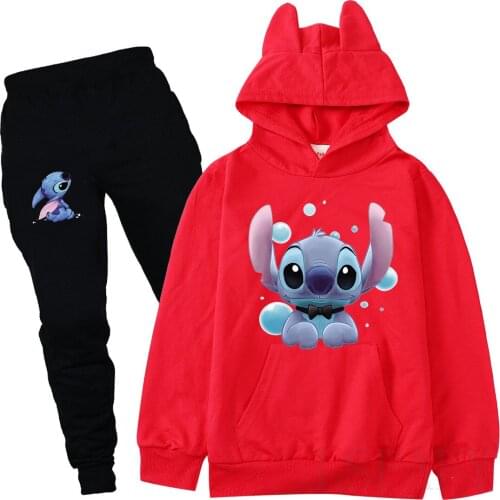 Disney Stitch Childrens Hoodie Clothes Girls' Sweatshirt Autumn Kids Cartoon Printing 2 Pcs Clothes Set Cute Girls Clothes
