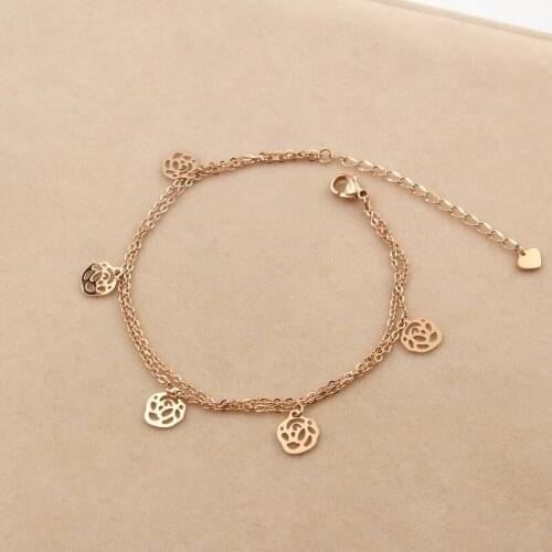 Double Layer Five Camellia Anklet Fashion Fashionable Women Titanium Steel Rose Gold Foot Decoration Soakable Bath
