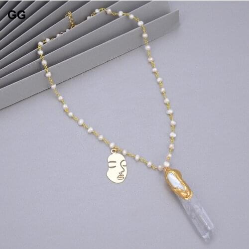 GuaiGuai Jewelry Natural Cultured White Pearl Rosary Chain Necklace White Quartzs Biwa Pearl Pendant 19" For Women