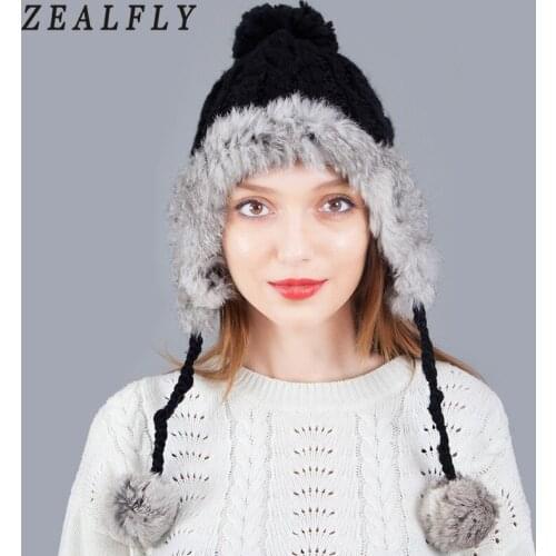 Real Rabbit Fur Knitted Hat Pom Poms Winter Hat For Women To Protect Ears Warm Girls Hat Thick Feminino Beanies Cap