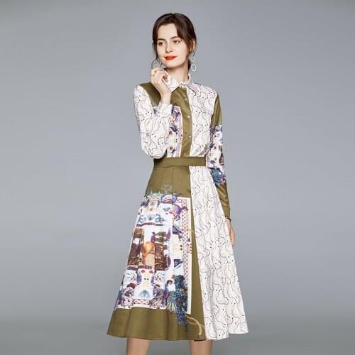 JSXDHK Fashion Runway Autumn Shirt 2 Piece Set Elegant Women Printing Long Sleeve Blouses + Vintage Pleated Party Skirts Suits