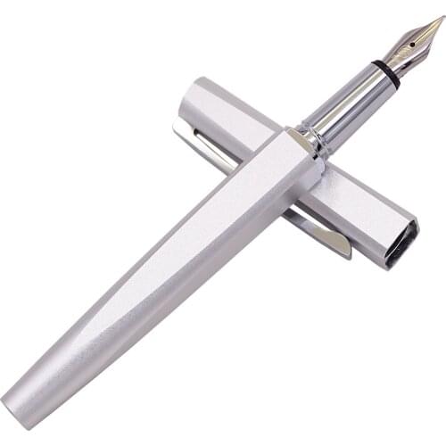 KACO SQUARE Luxury Aluminum Four Sides Silver Fountain Pen with Iron Box, Schmidt Converter & Fine Nib 0.5mm Gift Set for Office