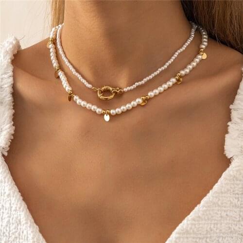 2Pcs Classic Elegant Pearl Necklace 2021 Trend New Arrival Pearls Beads Metal Hoop Chain Necklaces for Women Men Girls Teens