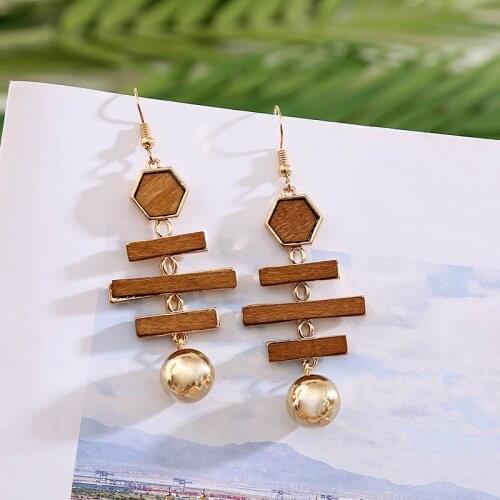Fashion Creative Handmade Metal Inlay Wooden Drop Earrings For Women Vintage Hexagon Rectangle Geometric Dangle Earring Jewelry