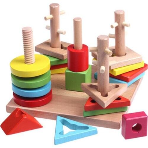 Montessori topping-on game Geometric Board Block Stack Sort 5 pillar matching block For Kids Match Games