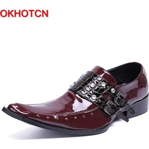 OKHOTCN Fashion genuine leather man formal shoes wine red gentleman business dress party shoes square toe crocodile print decor