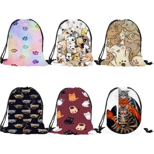 Customize Cute Cartoon Kitten Puppy Printing Drawstring Bags with Double Sides for Woman Man School Travel Use String Backpack
