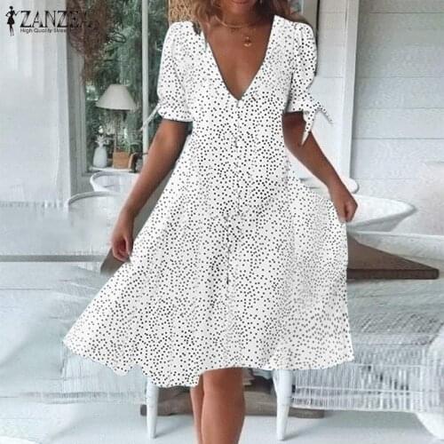 ZANZEA Bohemian Women Dresses 2021 Summer Elegant Polka Dots Ruffle Knee Length Vestidos Casual Solid Ladies Sundress