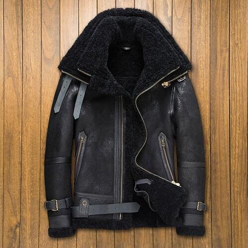 Luxury Double Collars Long Zipper Till the End of Collars Black Thicken Real Natural Shearling Fur Jacket Slim Genuine Leather