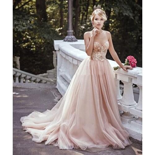Blush Tulle Evening Dresses 2020 New Sequins Spaghetti Straps Sleeveless Bridal Gowns Off the Shoulder Vestidos Noiva Cheap