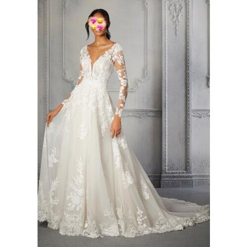Sexy V Neck Long Sleeves Wedding Dresses Sheer Lace Wedding Gown Custom Made Vestido De Noiva A Line Bridal Gowns Backless