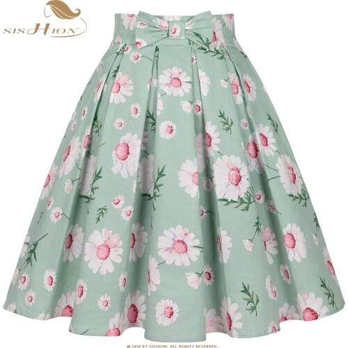 SISHION Light Green Floral Printed Cotton Pleated Skirt with Bow SS0012 Plus Size Women Clothing Daisy Summer Skirt Harajuku