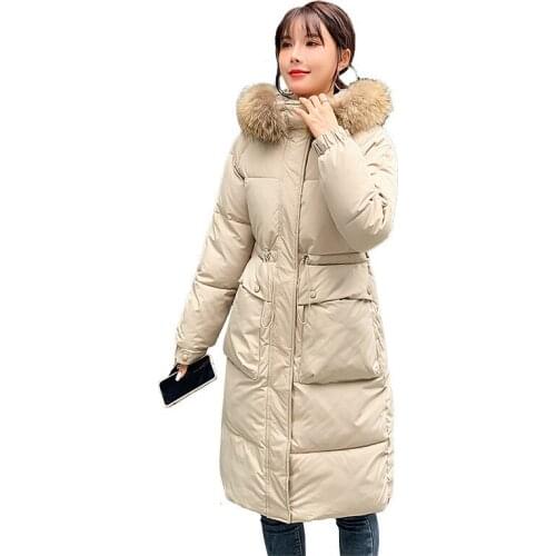 Solid Color Down Cotton Coat Women Drawstring Waist Slim Outer Wear Hooded With Large Fur Collar Thick Mid-length Coats JD1515
