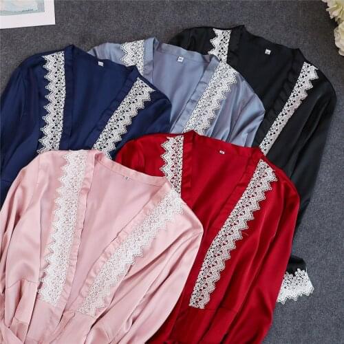 Navy Blue Womens 4PC Strap Top Pants Suit Pajamas Sleepwear Sets Nightwear Sexy Kimono Robe Bath Gown Bathrobe M-XL