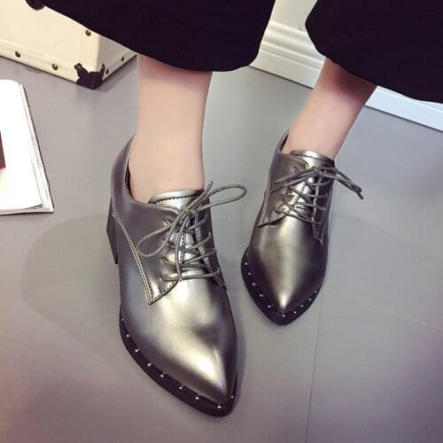 NEW women pumps square heel 6.5 cm spring and autumn pointed toe fashion black gun color shoes Casual retro Handmade lace up