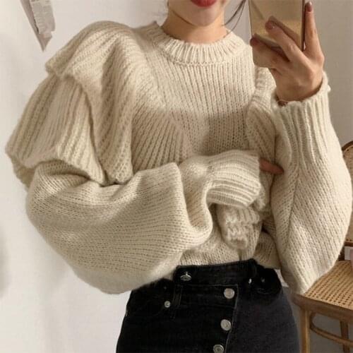 Vintage Stylish Ruffles Style Knitted Sweater Women Fashion O Neck Long Sleeve Sweet Knitted Jumper Pullovers Chic Tops