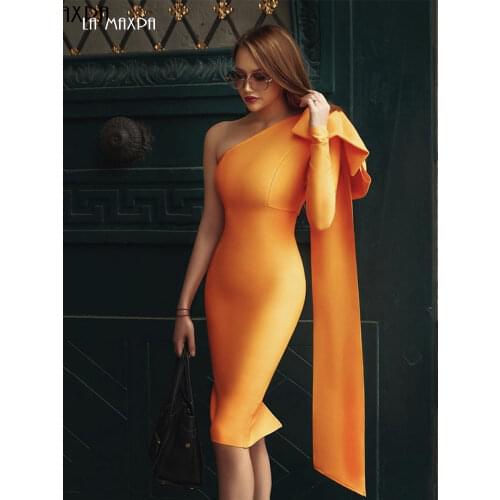 2021 Summer New WomenS Sexy Orange One-Shoulder Long-Sleeved Bow Knee-Length Dress Bodyconbackless Bandage Dress Vestidos