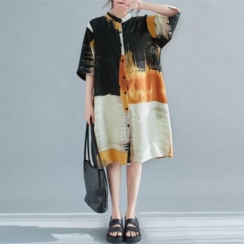 Oversized Women Cotton Linen Long Shirts New Arrival 2021 Summer Simple Style Vintage Print Loose Female Casual Tops S3534