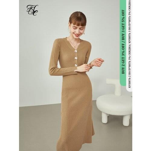 FANSILANEN Women Waist Slim Knitting Dresses Early Winter New V-neck Pullover Slim Skirts Simple All-match Camel Inside Dresses