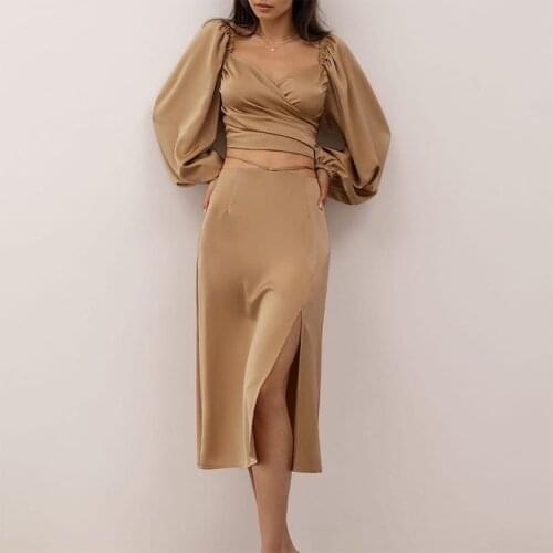 Solid Puff Long Sleeve Women Suits Hollow Out Folds Crop Top High Waist Side Split Skirt Female 2 Piece Set 2021 Elegant Suit