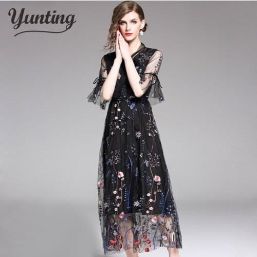 Runway long dress Summer women short Sleeve Black Mesh Floral Embroidery Party Dress Sexy Dress