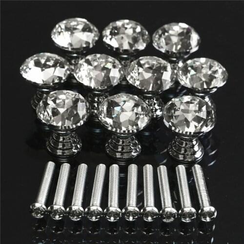 10Pcs/Set 20mm Crystal Glass Clear Cabinet Knob Drawer Pull Handle Kitchen Door Decoration Wardrobe Hardware Crystal+Zinc Alloy