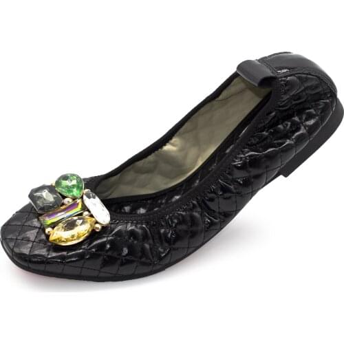 169-12 Rhinestone Casual Fall Shoes for Women Flats Flexible Slip on Loafers Genuine Leather Comfort Ballet Flats for Women Girl