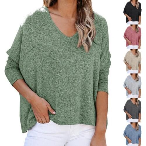 2021Fashion New Pullover Women Blouse Loose V Neck T-Shirt Solid Color Long Sleeve Breathable Comfortable T-Shirt for Daily Wear