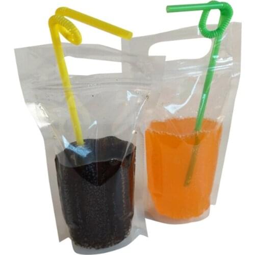 250ml 500ml 750ml 1000ml Empty transparent Drink Bags Pouches Zipper Stand-up Plastic Drinking Bag with straw and handle