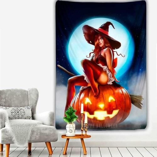 Halloween Night Pumpkin Sexy Witch Tapestry Decorative Blanket Christmas Wall Hanging Living Room Bedroom Macrame Cartoon Decor