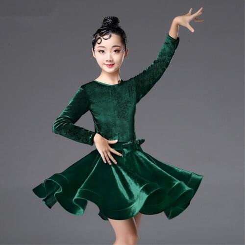 Long Sleeve Latin Dance Kids Dresses for Girls Dress Velvet Ballroom Competition Party Stage Performance Practice Costumes