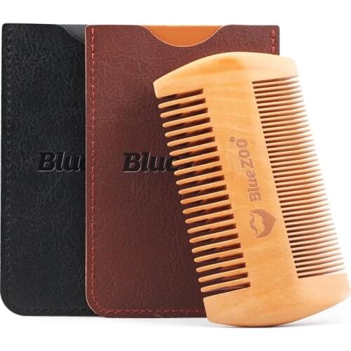 Blue Zoo double side pear wood beard comb + PU leather bag antistatic beard care portable hair brush comb for men Mustach BZ032
