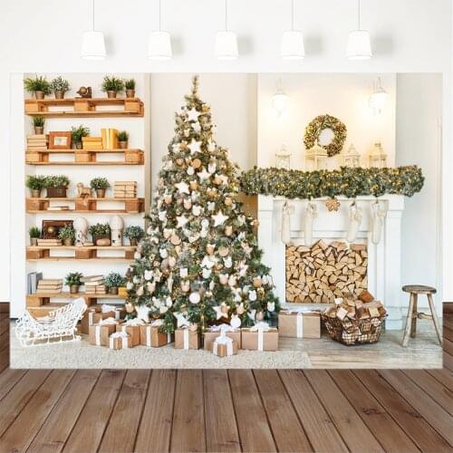 Photography Backdrops Christmas Tree Fireplace Gift Sock Potted plants White Christmas Background For Photo Studio