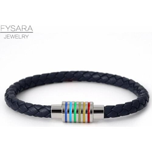 FYSARA Red Black Genuine Braided Leather Bracelet Women Men Stainless Steel Gay Pride Rainbow Magnetic Charms Bracelet Gift