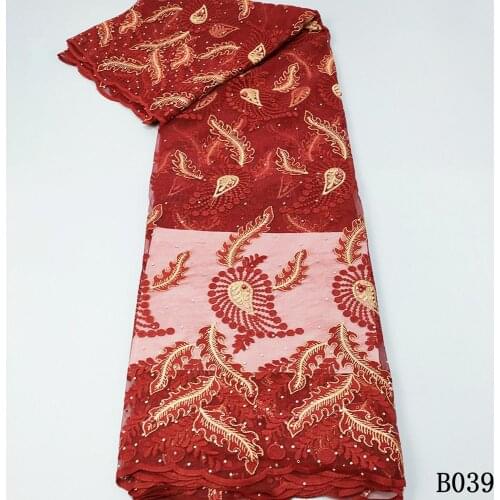 HFX African Lace Fabric 2020 Red Tulle Lace With Beads Whosale Net Lace Embroidered Nigerian Lace Fabrics 5 yards Party Dress