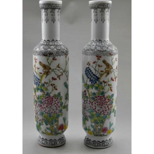 Chinese Collectible Rare Old Handwork Porcelain Painted Flower Bird Pair Vase