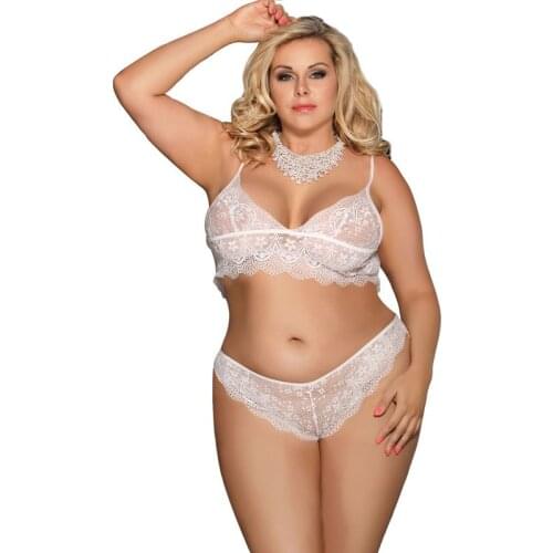 Plus Size Lace Sexy Lingerie Set Woman 2021 Hollow Out Bra Tops Thong Female Oversize Bedtime Solid Lenceria Underwear Suit 5XL