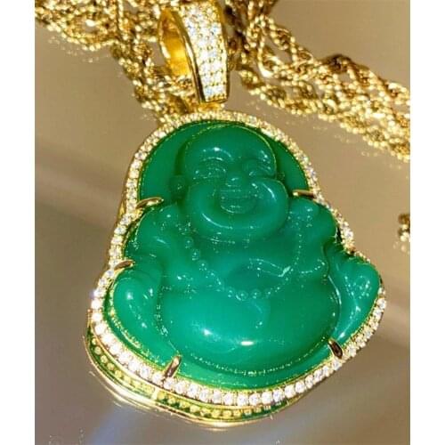 18k Gold Plated Finish Green Jade Lab Simulated Diamonds Laughing Buddha Iced Out Pendant Necklace CZ Jewelry