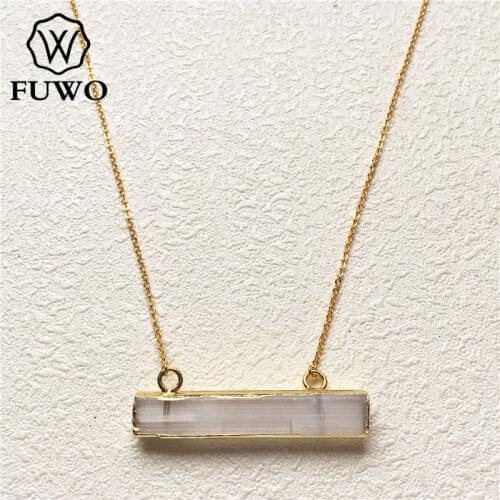 FUWO Natural Selenite Pendant Necklace With 24K Gold Filled Brass Chain High Quality Anti-fading Bohemia Jewelry Wholesale NC066