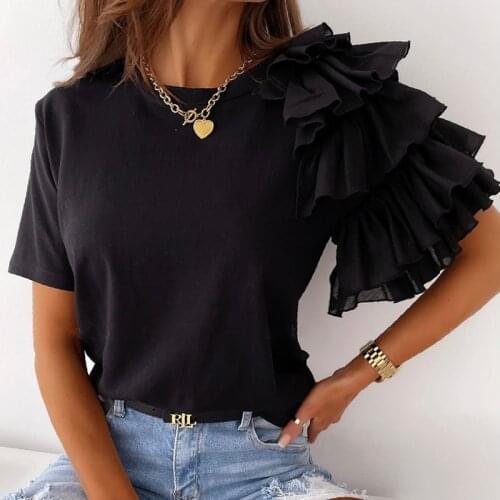 Casual O Neck Solid Women Blouse Shirt Summer Short Sleeve Shirt Blusa Elegant Fashion Layered Ruffle Tops Pullover Streetwear