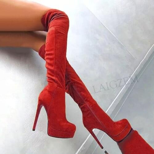 BERZIMER Women Platform Over Knee High Boots Faux Suede Side Zip High Heels Autumn Winter Boots Shoes Woman Big Size 43 45 50 52